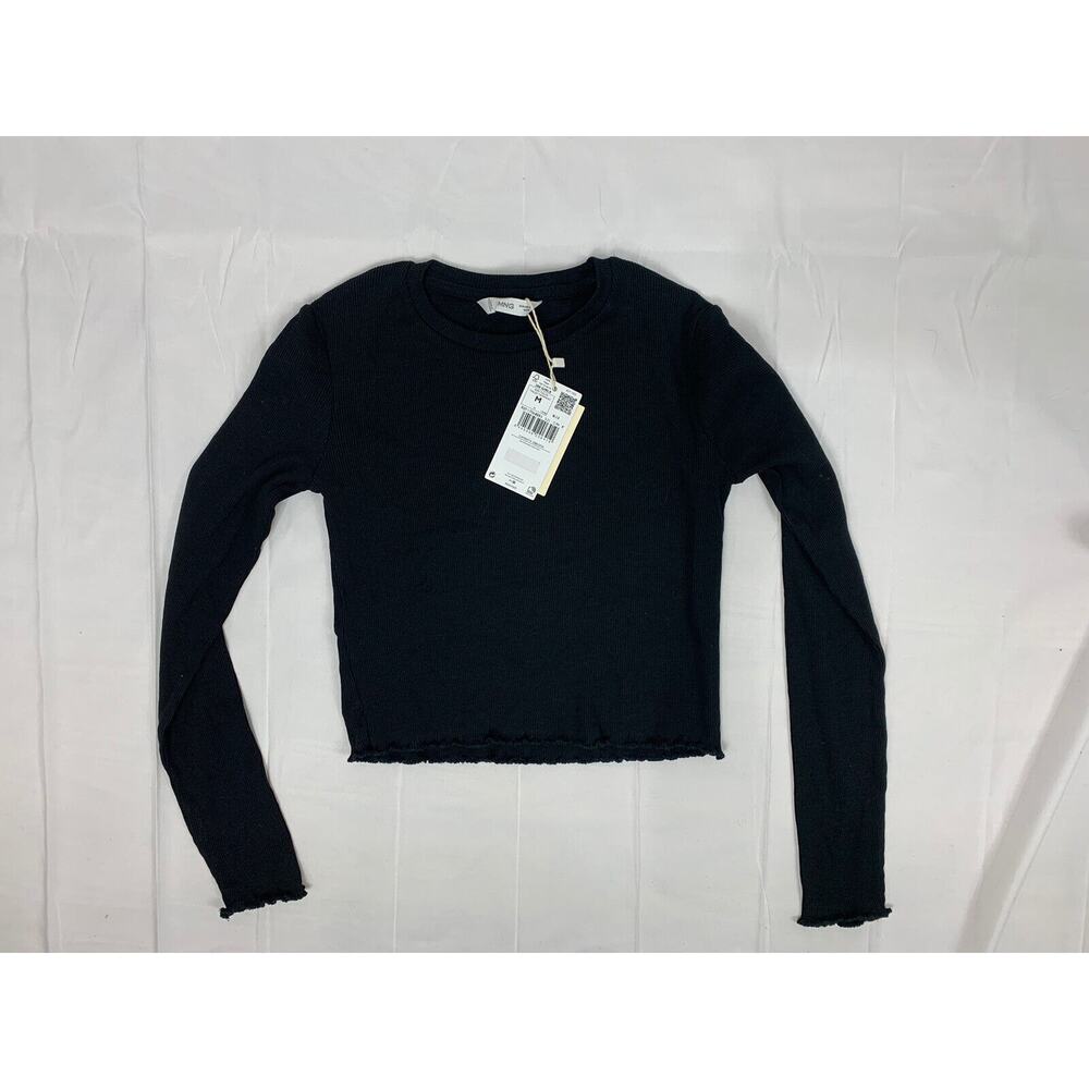 Mango Lettuce Hem Crop Long Sleeve Black Tshirt NWT Size Teen M